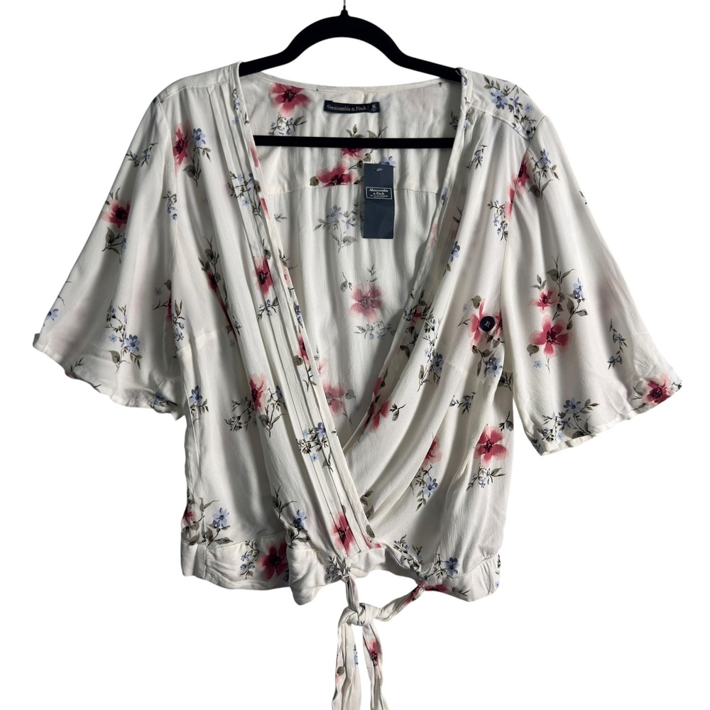 Abercrombie & Fitch Floral Wrap Top White Pink Women XL Boho Tie Front NWT